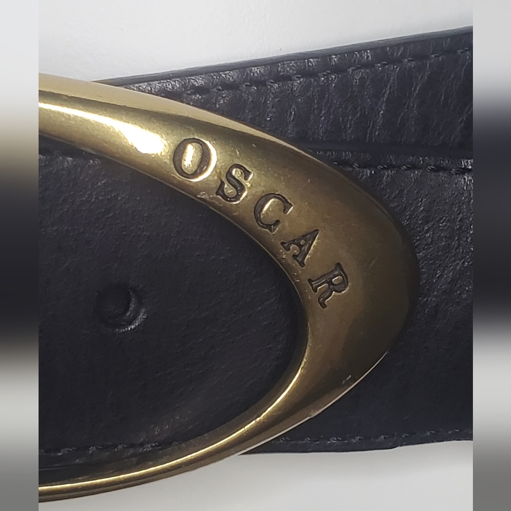 Oscar De La Renta 38"x 1 1/2" inch Black Leather Belt with Gold Brass Buckle - Picture 7 of 8